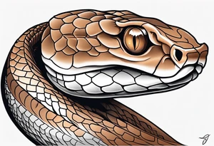 Copperhead with just the head turned up and mouth open and copper colored eyes tattoo idea