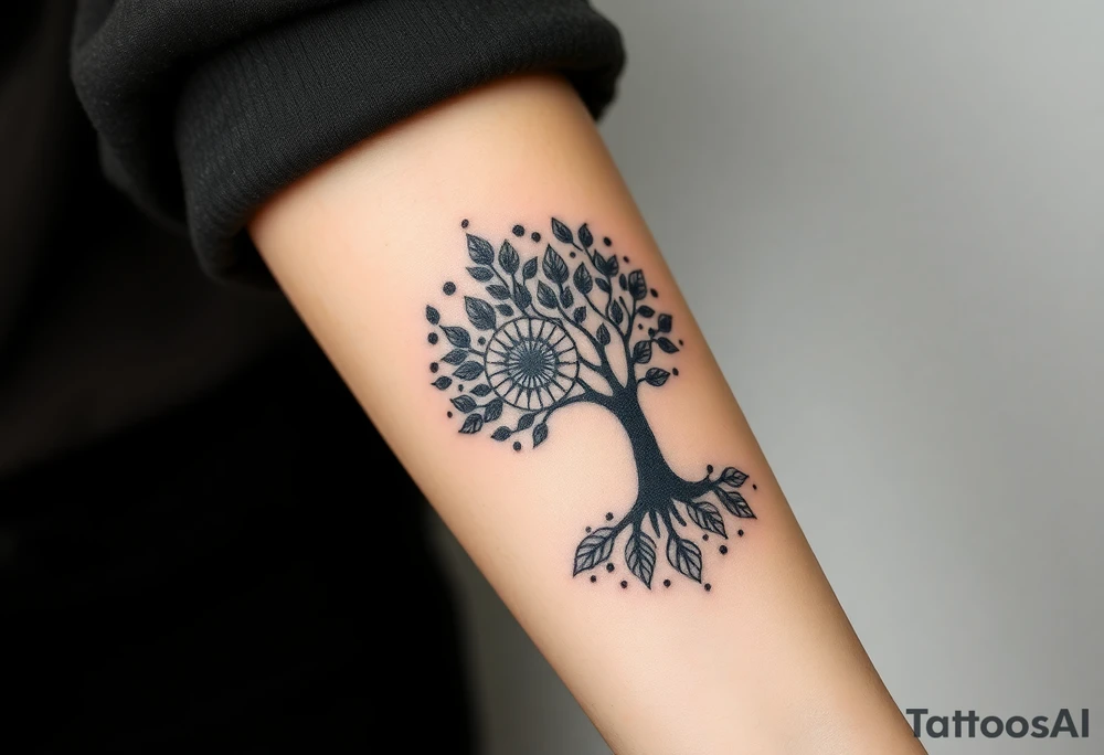 Fibonacci spiral shell on side of base of tree full of lots of leaves tattoo idea