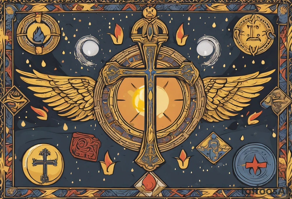 A medieval cross with an assyrian flag in the middle. A crown om top of the cross. The assyrian king Sennacherib. A sun and a moon. A cloud with rain and thunder. charizard. an imperfect cirkle. a candle. a swan. lemons. the god asshur with wings. an ankh. angel wings with a halo. surrounded by olive branches and feathers. all black and white. no shadowing. tattoo idea