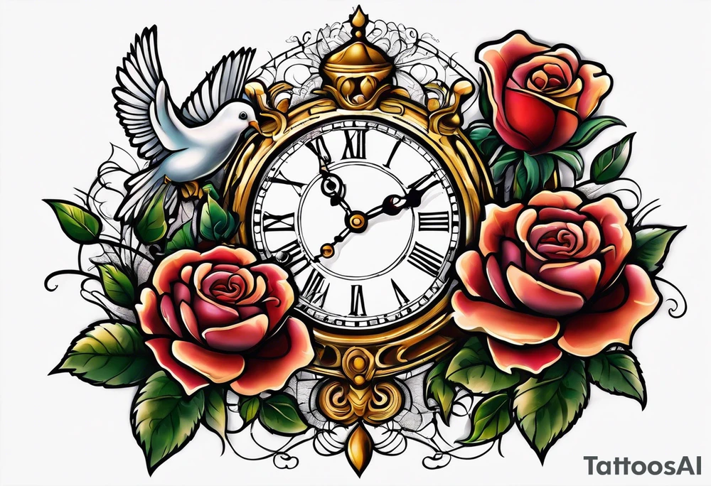 rose, sun light, dove, clock, tattoo idea