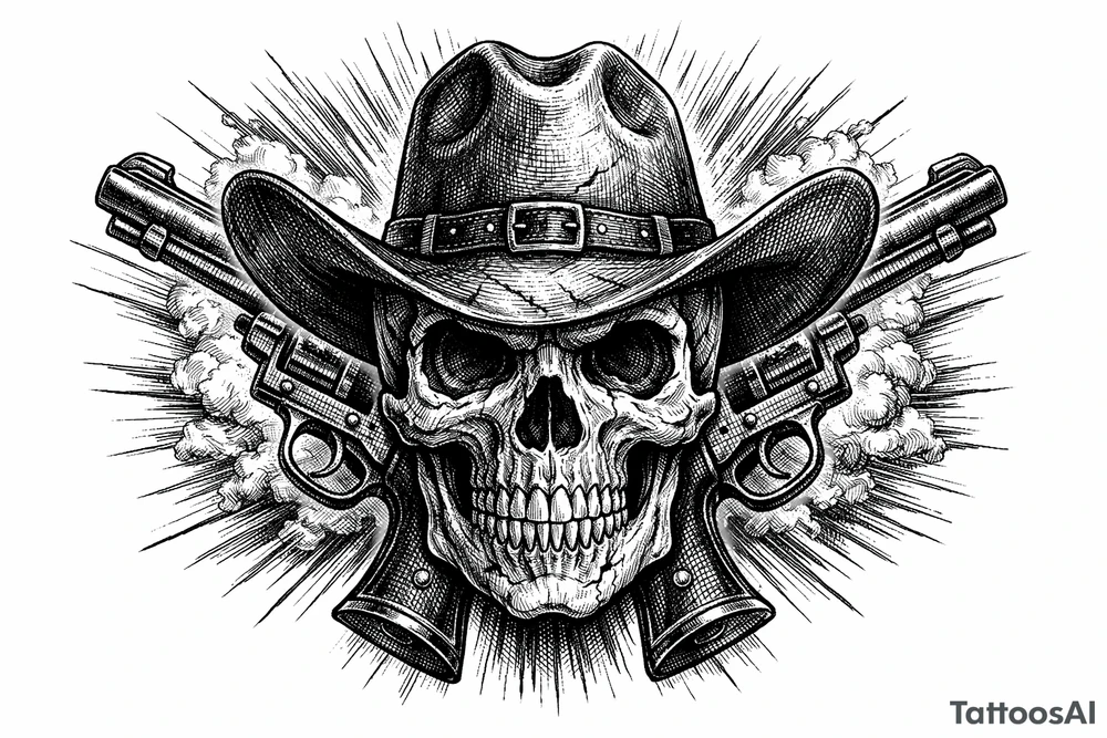 Skull with cowboy hat, pistols bursting from background, vintage engraving style. tattoo idea