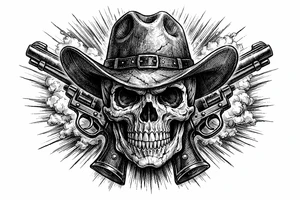 Skull with cowboy hat, pistols bursting from background, vintage engraving style. tattoo idea