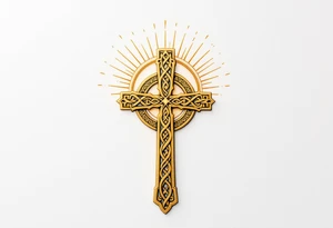 A golden Celtic cross with a radiant sunburst behind it, symbolizing enlightenment and spiritual awakening. tattoo idea