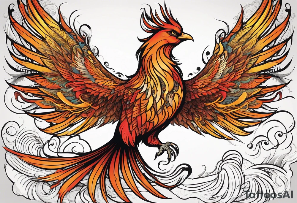 Tattoo: A powerful, majestic phoenix, depicted mid-flight or rising, with wings extended and feathers flowing. Deep shading and intricate details to bring out the texture and motion of the feathers. tattoo idea