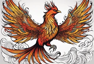 Tattoo: A powerful, majestic phoenix, depicted mid-flight or rising, with wings extended and feathers flowing. Deep shading and intricate details to bring out the texture and motion of the feathers. tattoo idea