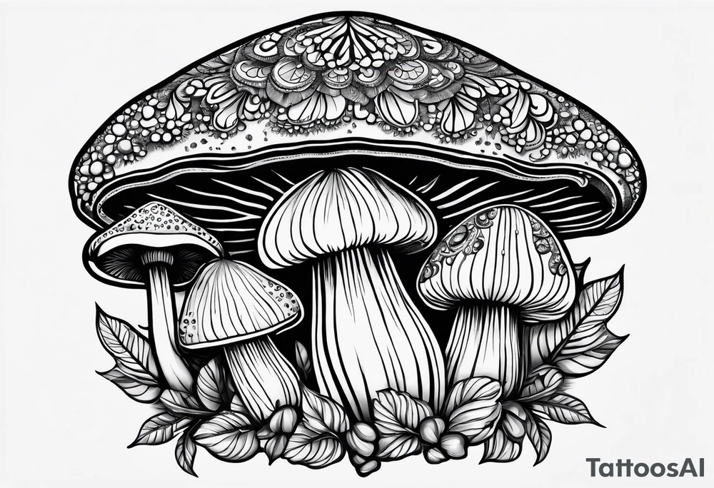 Large Shaggy cap mushroom dripping ink off cap with 4 smaller mushrooms around it mandala henna black tattoo design tattoo idea
