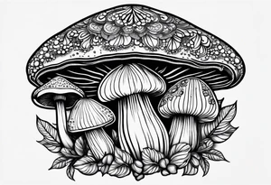 Large Shaggy cap mushroom dripping ink off cap with 4 smaller mushrooms around it mandala henna black tattoo design tattoo idea