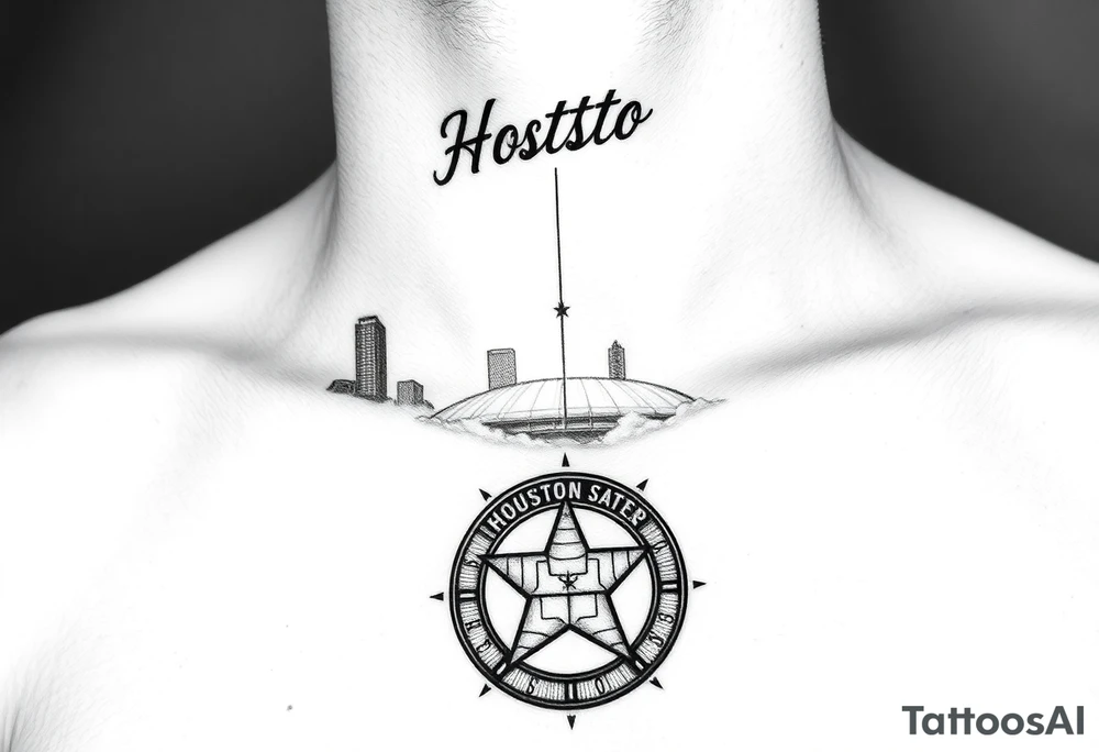 Houston texas skyline Behind houston astrodome leading up neck, stars nighttime stars and clouds, Houston Astros cursive in sky, Houston Astros star on neck, Benjamin Franklin money roll space suit tattoo idea