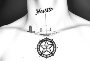 Houston texas skyline Behind houston astrodome leading up neck, stars nighttime stars and clouds, Houston Astros cursive in sky, Houston Astros star on neck, Benjamin Franklin money roll space suit tattoo idea