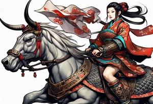 Rat in the style of a shogun warrior princess, riding an armored war ox, front facing tattoo idea