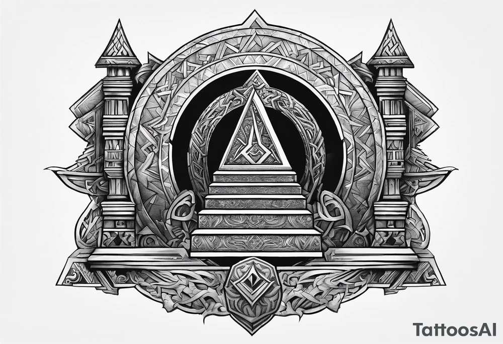 Valhalla stairs 
 sword shield  axe 
Valknut  ruins lightnings tattoo idea