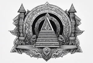 Valhalla stairs 
 sword shield  axe 
Valknut  ruins lightnings tattoo idea
