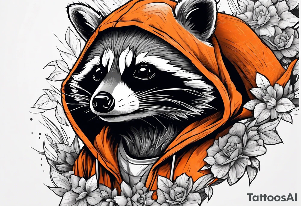 Raccoon wearing an orange Superman hoodie tattoo idea