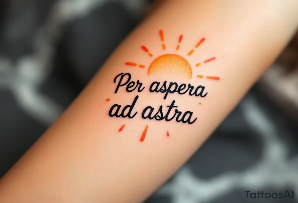 In bold blackletter font, the Latin quote "Per aspera ad astra"  blazes across a sunbeam backdrop of golden-yellow and fiery orange. tattoo idea
