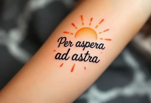 In bold blackletter font, the Latin quote "Per aspera ad astra"  blazes across a sunbeam backdrop of golden-yellow and fiery orange. tattoo idea