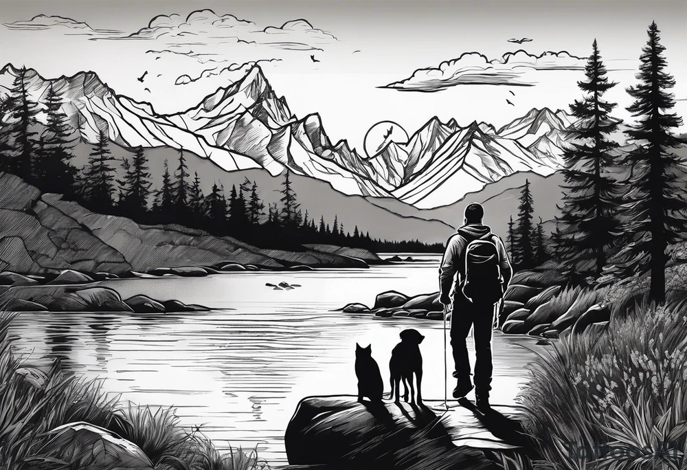 nature, sunset, mountains, a father and son hiking with their dog and cat by the water tattoo idea