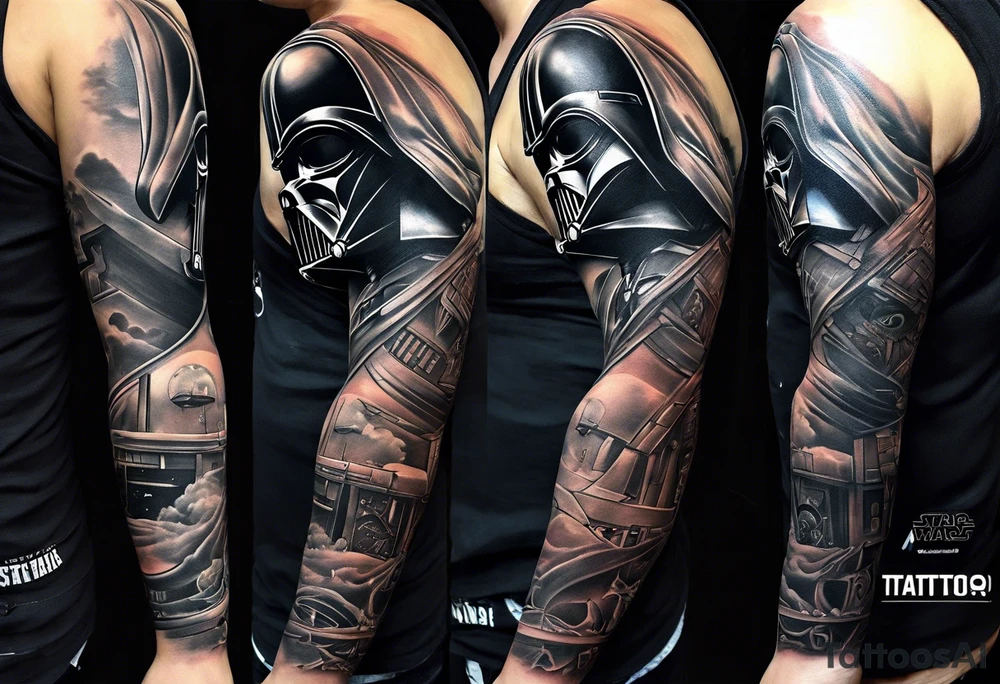 Full arm sleeve tattoo extending from shoulder to wrist that is all Star Wars Episode 3 themed tattoo idea Full arm sleeve tattoo extending from shoulder to wrist that is all Star Wars Episode 3 themed tattoo idea