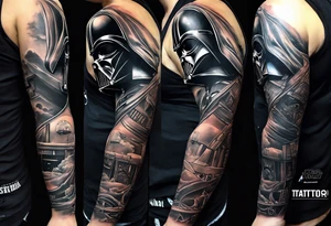 Full arm sleeve tattoo extending from shoulder to wrist that is all Star Wars Episode 3 themed tattoo idea
