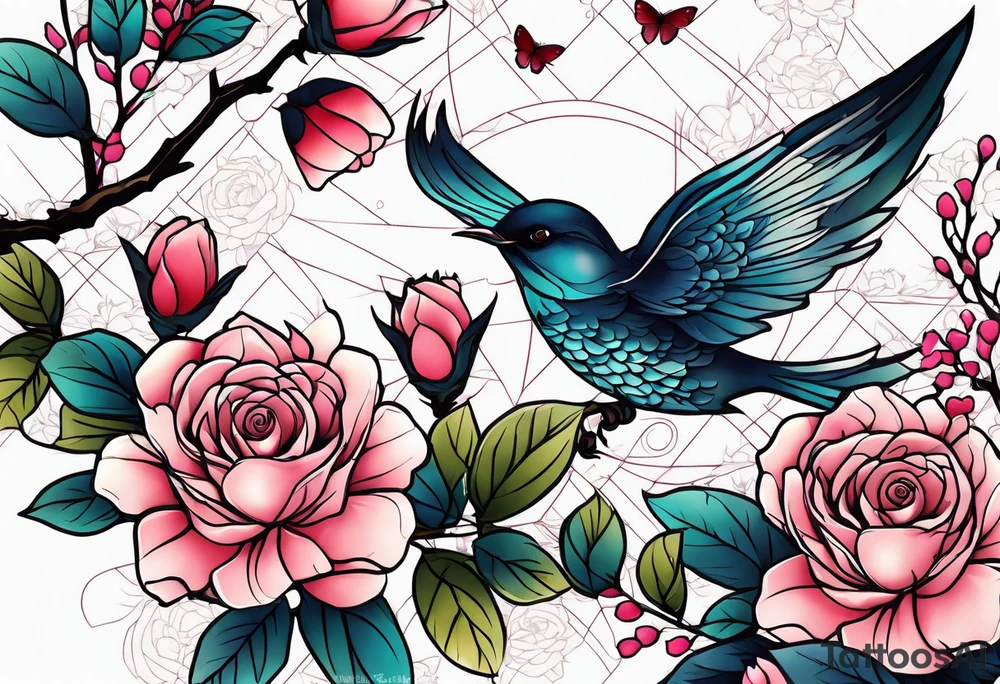 Japanese cherry blossom with birds, butterflies and rose tattoo idea