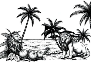 an image that represent jamaican island life with palm trees, ocean, coconuts, lions, and jamaican flag tattoo idea