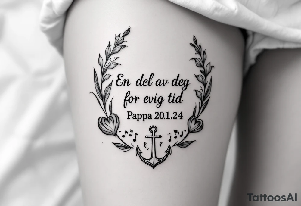 «En del av deg for evig tid
Pappa 20.12.24» Surrounded by long gladiolus, hearts, notes and an anchor tattoo idea