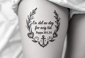 «En del av deg for evig tid
Pappa 20.12.24» Surrounded by long gladiolus, hearts, notes and an anchor tattoo idea
