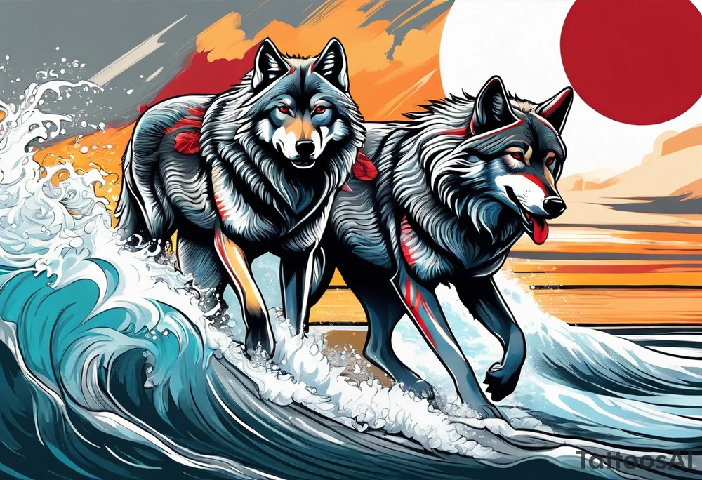 a pack muscular of gray wolves surfing with a tropical background with red white and black and gray tattoo idea