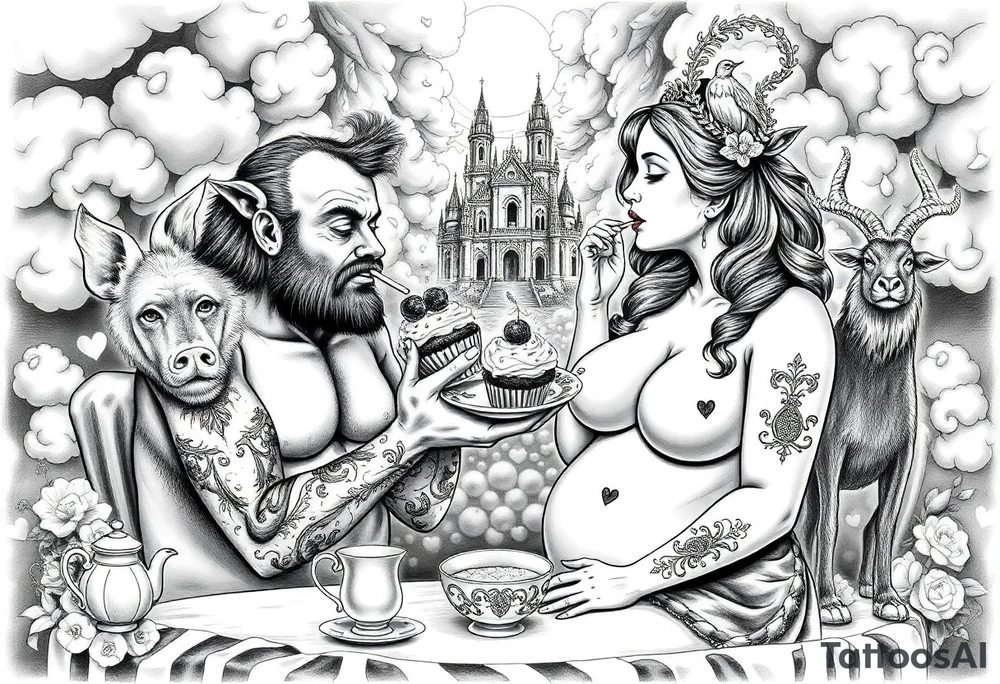 Mystical Naked Man and woman eating cupcakes and liquor fruit  having sex clouds gothic sexy naked fat lady having a tea party with tea pot and Victorian castle 
with a pigs, peacock, noose, lion, goat, smoking cigerettes looking in the mirror thru storm clouds with razor blades and broken hearts and darkness and wrath, envy , gluttony, greed, sloth, pride kill tattoo idea