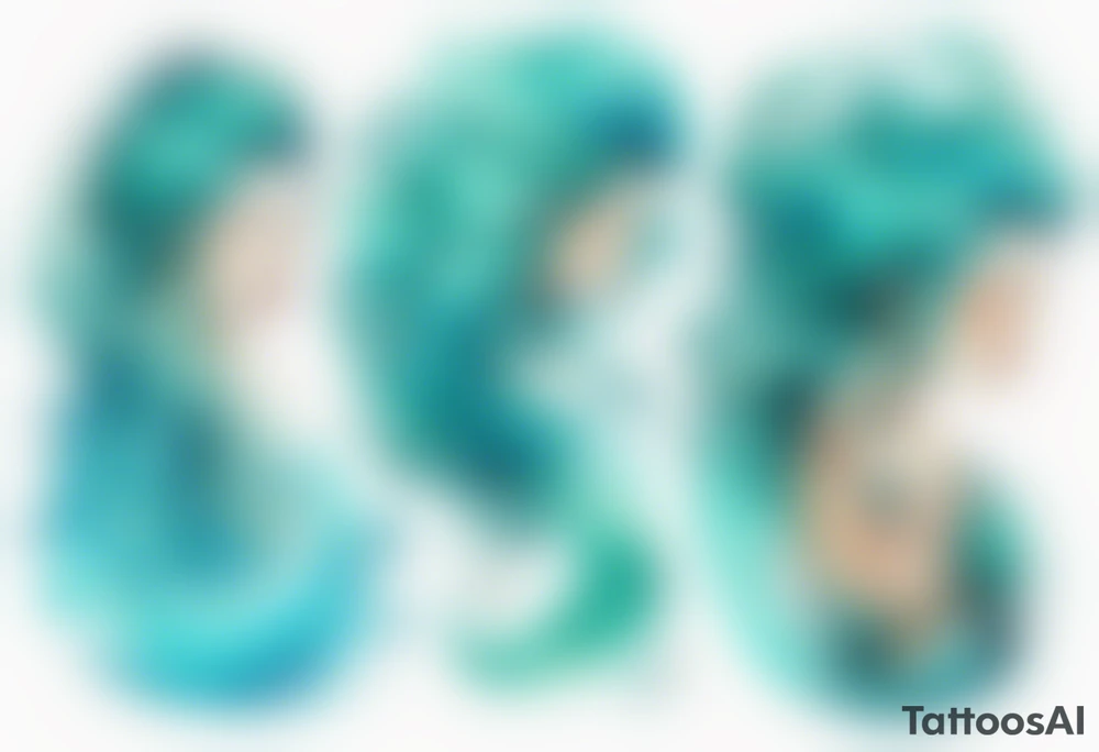 a woman made out of water emerging from the sea, turquoise hair tattoo idea