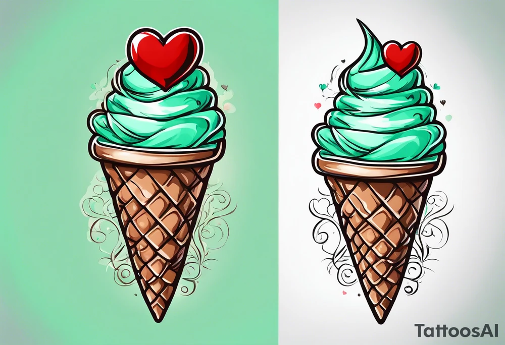 simple mint chocolate chip ice cream cone with small red heart on it somewhere. tattoo idea