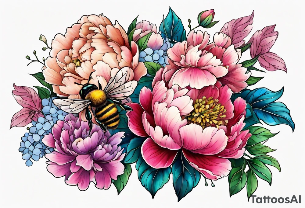 Vibrant peony with hydrangea and leaves and a bee tattoo idea