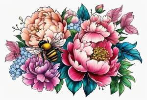 Vibrant peony with hydrangea and leaves and a bee tattoo idea