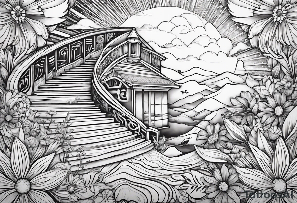 AUM symbol, sparrow, sunrays, staircase, cosmos, iris, daisy tattoo idea