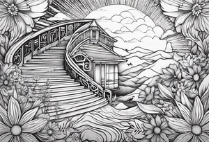 AUM symbol, sparrow, sunrays, staircase, cosmos, iris, daisy tattoo idea