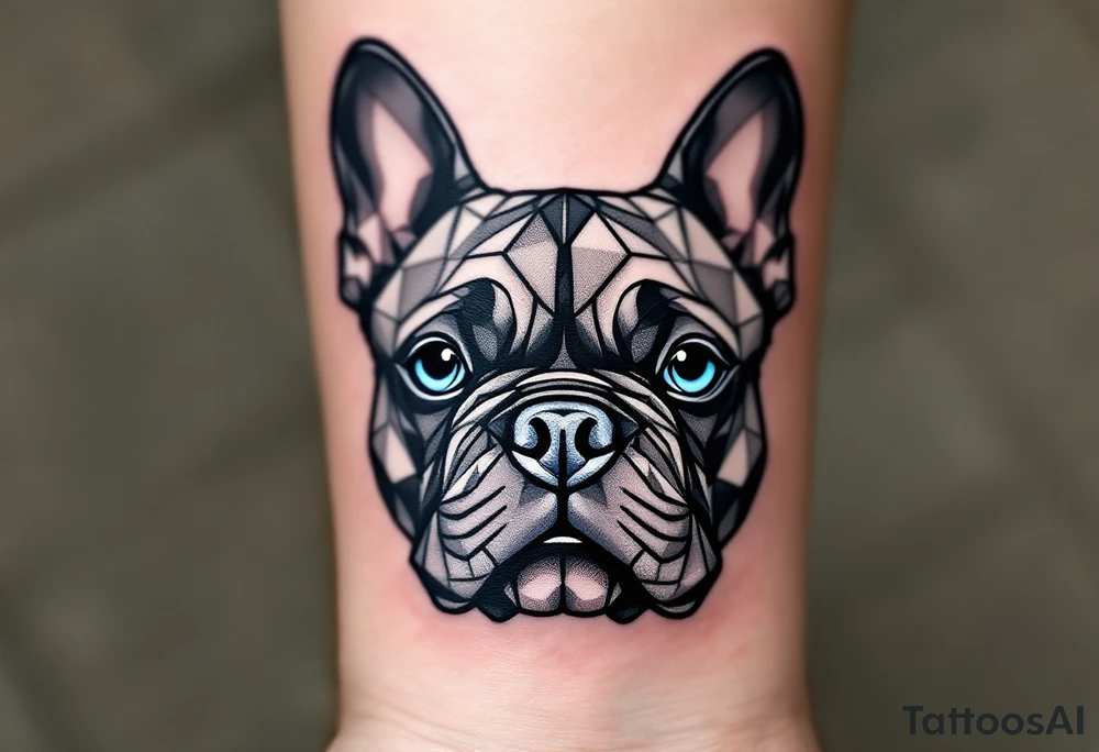 Geometric-style French Bulldog face, composed of sharp black and gray lines with light blue shading in the eyes. tattoo idea