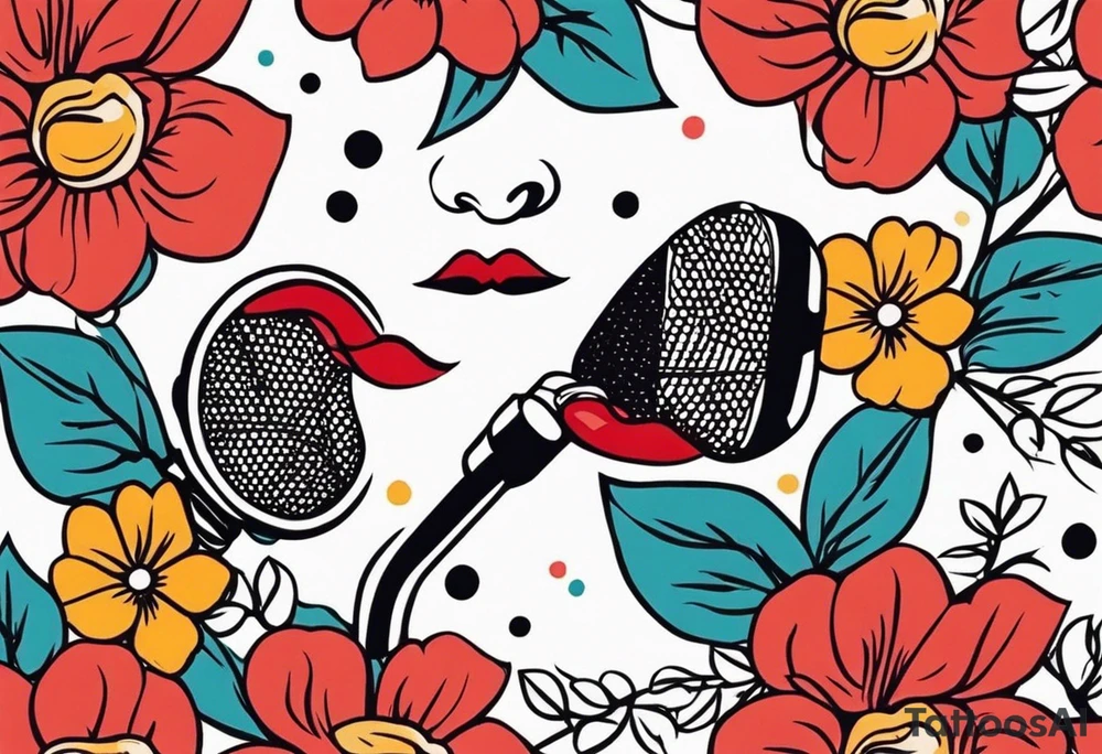 lips singing old school vintage traditional
flowers around and mouth next to microphone
bold and colorful simple design dots and simple flowers sketch tattoo idea