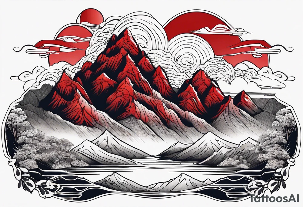 red mountains on which there are two castles tattoo idea