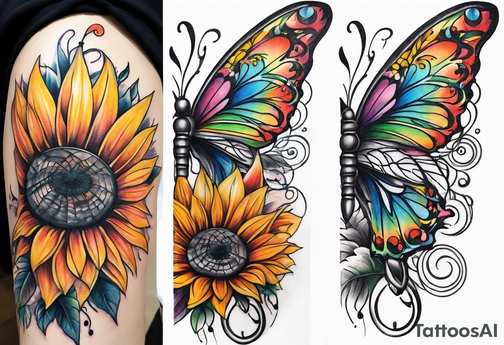 Quarter Leg sleeve with dreamcatcher, rainbow sunflowers and one butterfly tattoo idea