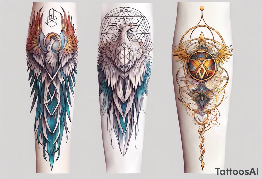 Sleeve for woman's arm phoenix sacred geometry with Metatron's cube tattoo idea