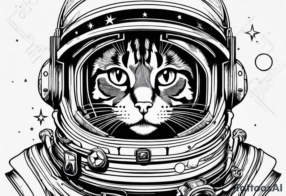 cat in space surrounded by line tattoo idea