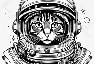 cat in space surrounded by line tattoo idea