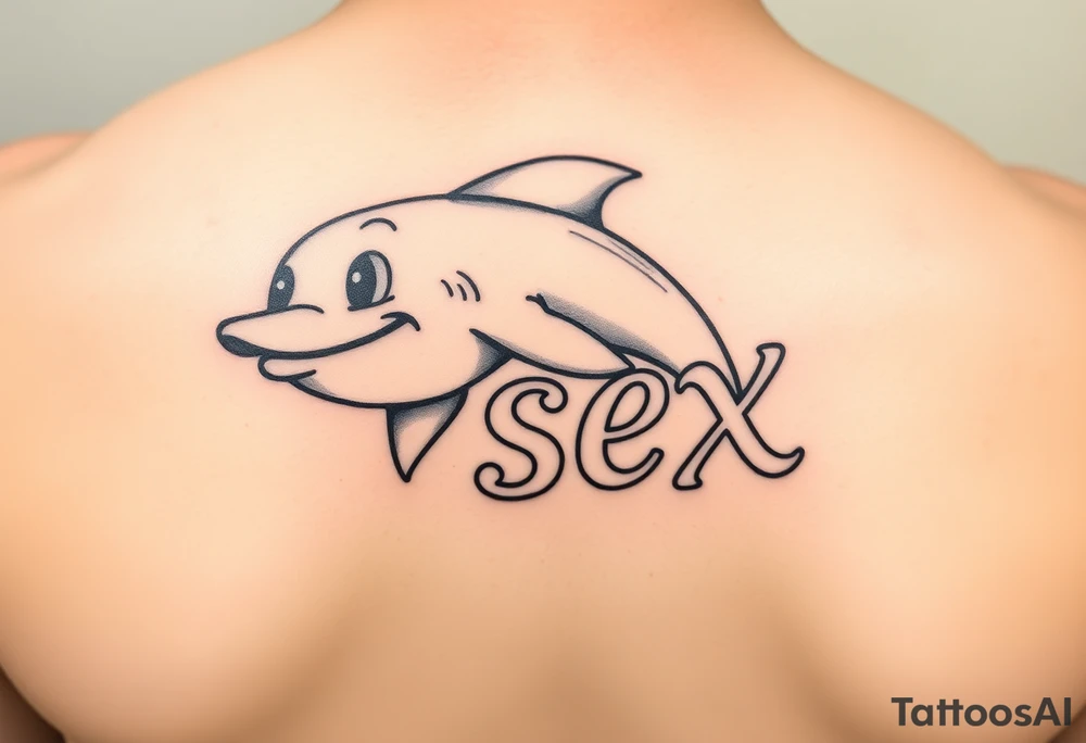 Cartoon dolphin with a mischievous face humping the word sex tattoo idea