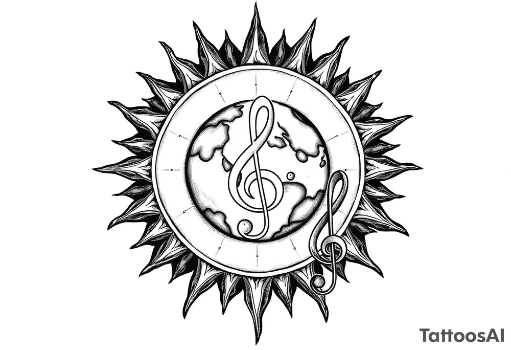 sun system of the universe with earth and a clef for my love to music, tattoo idea