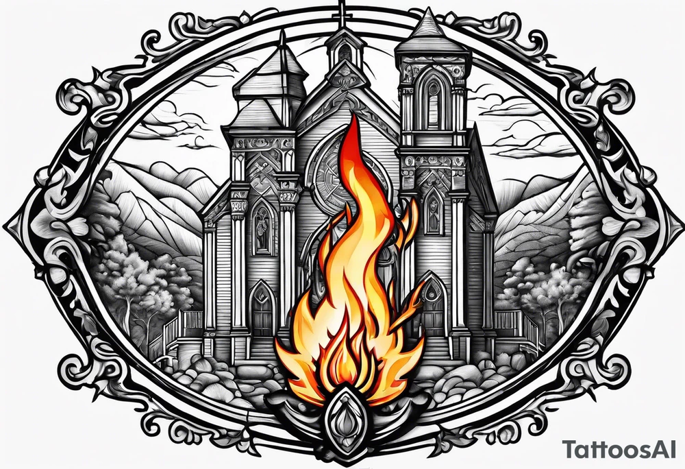 church on fire border tattoo idea