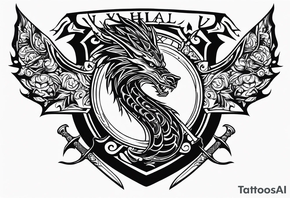 Valhalla sword shield dragon axe tattoo idea