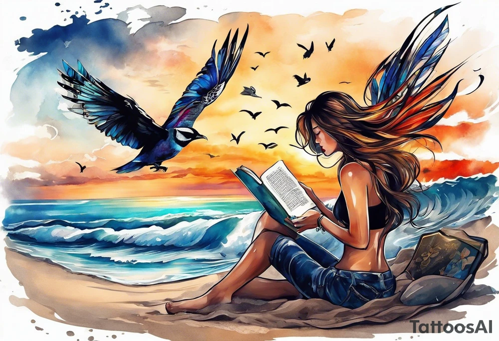 Someone is sitting on the beach reading a book and the pages are flying in the wind, the purpose of the tattoo is to emphasize that just as the pages are flying in the wind, you also have to flip through situations in life tattoo idea