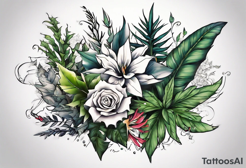 Word ‘power’ on top of plants tattoo idea