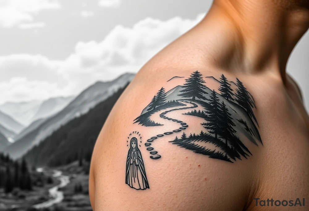 Mountainous valley with creek and a few trees with a Russian orthodox kazan scene covering my shoulder entering my upper arm with a Russian orthodox Virgin Mary tattoo idea