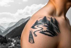 Mountainous valley with creek and a few trees with a Russian orthodox kazan scene covering my shoulder entering my upper arm with a Russian orthodox Virgin Mary tattoo idea