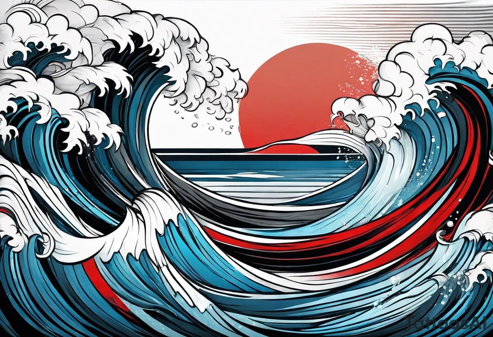 ocean waves background with linear red, white and black and gray including muted blues tattoo idea